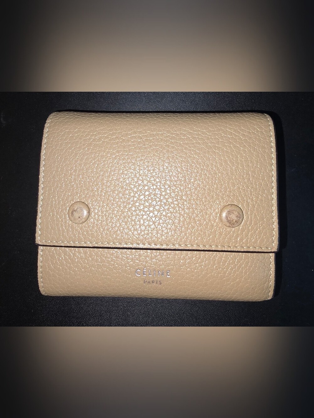 Celine Trifold Compact Beige Pebbled Leather Wallet Red Smooth Leather Interior
